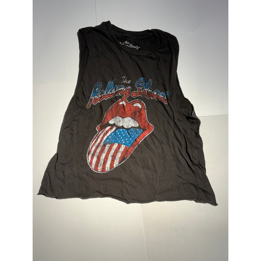 The Rolling Stones Womens XS Charcoal Grey US Flag Tongue Graphic Tank Top Tee